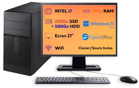 PC Tour Reconditionné Intel Core i7 3.7GHz — Écran 27 Pouces • RAM 16 Go • SSD 250 Go + HDD 500 Go • Windows 11 Pro • Wi-FI — Garantie 12 Mois