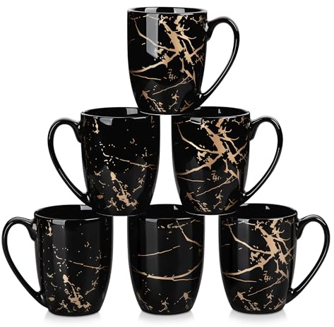LOVECASA Coffee Mugs Set of 6, 13oz/380ml Black and Gold Ceramic Mugs with Handle, Stoneware Tea Cups for Coffee, Latte, Cappuccino, Tea, or Hot Chocolate – Perfect for Home & Office