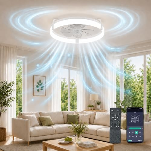 Ceiling Fan with Light and Remote, 50cm Low Profile LED Ceiling Light, 6 Speeds, Timer, Reversible DC Motor, 3000K-6000K Dimmable, Quiet Smart Lamp for Bedroom, Living Area and Dining Room, White