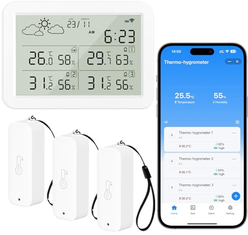 WIOONI WLAN Thermometer Hygrometer Innen Außen mit LCD-Display, WiFi Temperatursensor mit App, Tuya/Smart Life Kompatibel für Weinkeller, Gewächshaus, 3 Sensoren und 1 Basisstation
