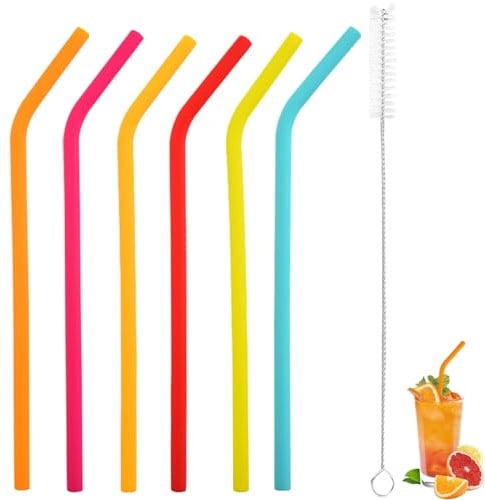 6 pcs Silicone Straws Reusable and 1 Cleaning Brushes, Flexible & Durable | Silicone Straw Eco-Alternative to Rubber Straws & Plastic Bendy Straws for Hot/Cold Beverages, Travel, Home Bars, Office