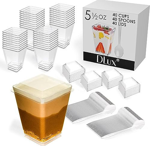 DLux Dessert Cups with Spoons and Lids, 160 ml 40 Pcs - Clear Plastic Parfait Appetizer Cups, Square Large Reusable Shot Glass Bowl for Party Desserts Appetizers - with Recipe Ebook