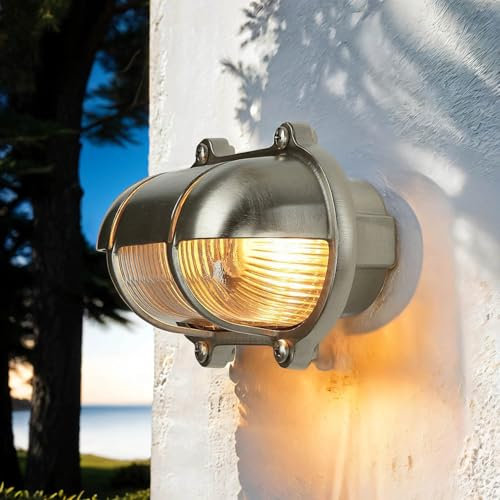 Licht-Erlebnisse Maritime Messinglampe in Nickel rostfrei IP64 Riffelglas Außenleuchte Wandlampe Haus Terrasse