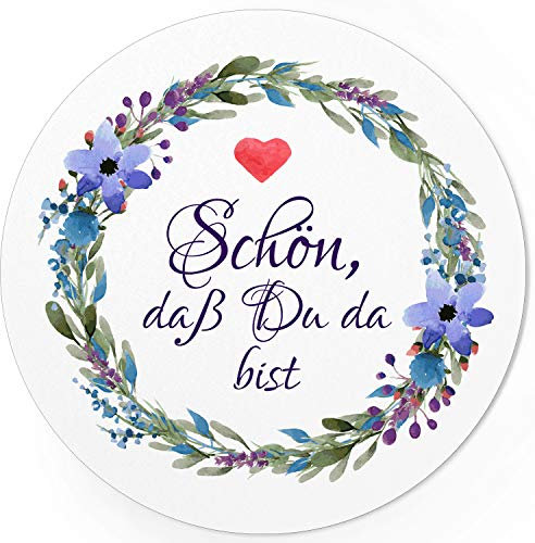 24 runde Design Etiketten - Schön, dass Du da bist Aufkleber für Gastgeschenke - Motiv: Aquarell Blumenkranz mit Herz