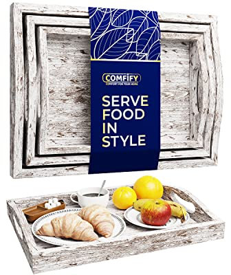 Comfify Rustic Wooden Serving Trays with Handle – Set of 3 – Large, Medium and Small Nesting Serving Trays - for Breakfast, Coffee Table/Butler Serving Trays – Rustic White