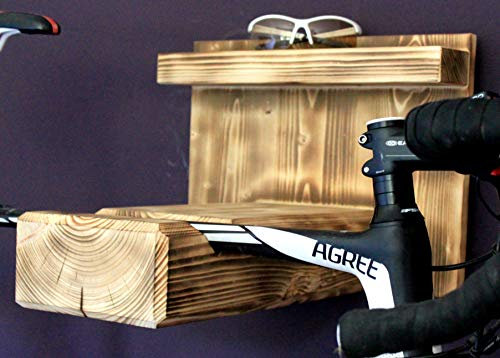Homeclassics Fahrrad Wandhalterung aus geflammten Holz für Rennrad oder Mountainbike Fahrradhalter - Exklusive Fahrradhalterung für die Wand – auch für breite Lenker