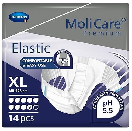 MoliCare Premium Elastic 9 Drops Unisex Adult Nappies, Size XL | 14 pairs, three-layer absorbent core for very severe leaks, elasticated side panels, instant-dry feeling, skin-friendly