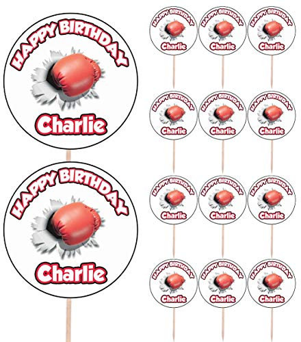 AK Giftshop Personalised Boxing Glove Punch Birthday Food & Cupcake Toppers Picks Flags Party Decorations - (pack of 14)