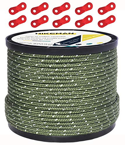 HIKEMAN 50M reflektierende Schnur Guy Seile Outdoor Zelt Führungsseil 100% Nylon Schnur Windlinie mit 10 Stück Aluminiumlegierung Spanner für Camping (Armeegrün, Diameter 4 mm)