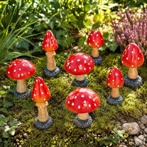 Garden Mile 8pc Red Toadstool Mushroom Garden Ornaments Outdoor indoor Fairy Garden Accessories Weatherproof Mushroom Ornaments For All Year Round Perfect for Flowerbeds Plant Pots Outdoor Decor