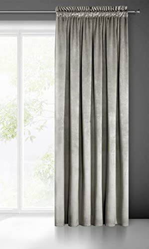 Eurofirany Pierre Samt Vorhang mit Kräuselband -1 STK. Velvet Einfarbig Gardine 200g/m², Samtvorhang für Wohnzimmer Schlafzimmer, 140x300 cm, Dunkelbeige