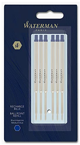 Waterman Ballpoint Pen Refill, Medium Point, Blue Ink,6 Count
