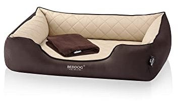 BedDog Premium Orthopädisches Hundebett Buffy, Hundesofa aus Kunstleder, Abnehmbarer Bezug, Kuschel-Decke Zugabe - Melange (beige/braun)