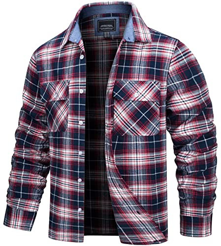 TACVASEN Mens Plaid Shirts Long Sleeve Flannel Checked Shirts Regular Fit Work Cotton Shirt Casual Button Down Shirt Jacket Red,L