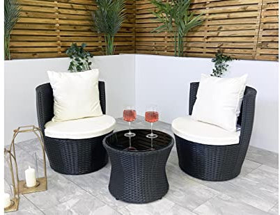 ECASA Stackable Rattan Garden Chairs and Bistro Table Set for Outdoor, Balcony, Patio use. Weather resistant Wicker Garden Furniture Which Stacks for Storage To Make a Vase Shape. (Black)