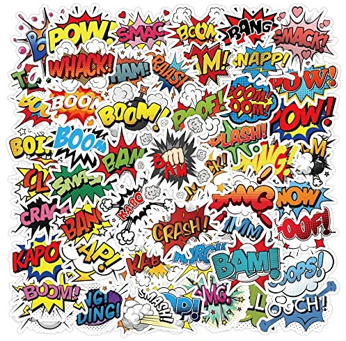 HNTR® Comic Book Stickers | 50 POW! Boom! BAM! Onomatopoeia Stickers for Sticker Book, Laptop, Water Bottle & Scrapbook Decoration