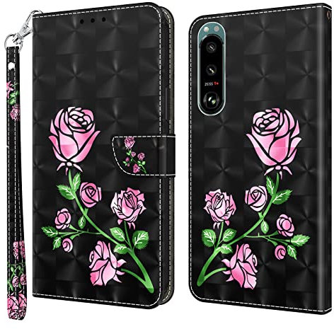 BLOTECH Sony Xperia 5 III Hülle Case, Sony Xperia 5 III Handyhülle Brieftasche, PU Leder Tasche Book Type Ledertasche Cover Magnetverschluss Ständer Stoßfest Schwarzer Hintergrund Rosen Muster