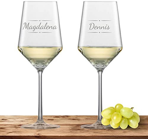 2x Weißweinglas mit Namen oder Wunschtext graviert -Schott Zwiesel Glas Sauvignon PURE Weinglas personalisiertes Geschenk (Verzierung 03)