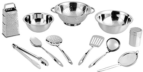 Vinod Stainless Steel Cookware Set 11-Piece, Kitchen Starter Set Includes Mixing Bowls Set, Stainless Steel Colander| Kitchen Food Strainer, 4-Side Grater, Serving Spoons, Ladle & Utility Tongs