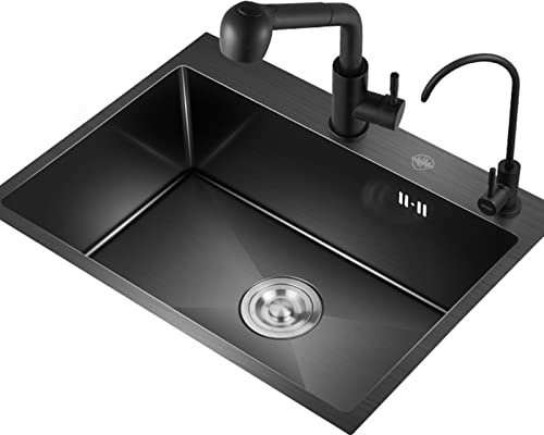 Fregadero De Cocina De Acero Inoxidable Fregadero Negro Fregadero De Un Solo Tazón Fregadero De Barra con Grifo Y Grifo De Agua Pura (Color : Black, Size : 50x40x20cm)