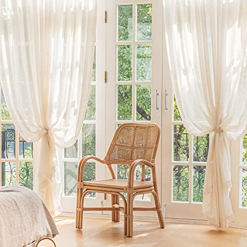FMFUNCTEX Leinen Gardinen mit Ösen Transparente Beige Vorhang Leinenoptik Vorhänge Landhausstil für Wohnzimmer Schlafzimmer Kinderzimmer 2er Set, 175 x 135 cm (H x B)