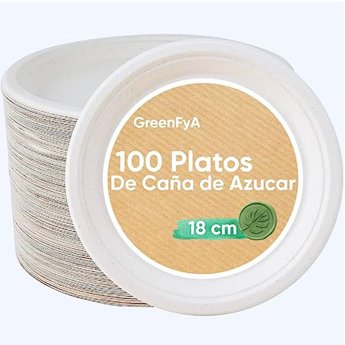 GreenFyA Platos Desechables de Caña de Azúcar Resistentes, 100% Biodegradables (100, 18cm.)
