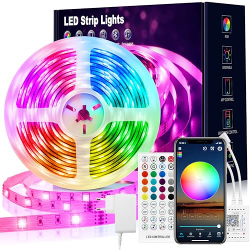 VKH Ruban LED 15m, Bande LED Bluetooth RGB LED 15m autocollante avec télécommande et APP, Guirlande lumineuse LED pour chambre Gaming Party
