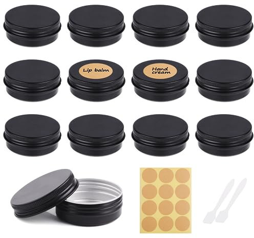 Aluminium Leer Döschen, 30ml Cremedose Leer, 12 Stück Cremedose Tiegel mit 2 Spatel und Aufkleber, Rund Creme Dosen zum Befüllen für Creme Lotion Kosmetik Nagelkunst Basteln Schmuck(Schwarz)