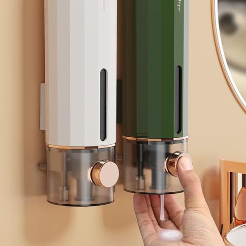 Distributeur Savon Mural, Lot de 2 Distributeur Savon 450 ML sans Perçage Porte Savon Liquide Distributeur de Universel pour Gel Douche, Shampoing, Savons pour Les Mains (Blanc et Vert)