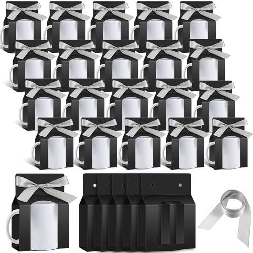 Kosiz 36 Pcs Mug Boxes Sublimation Mugs Gift Bags Mug Box Gift Box with Window Mug Boxes for Shipping Selling Gift Packaging Box for Mugs Gift Wrapping(Black, Silver, for 11oz Mug)