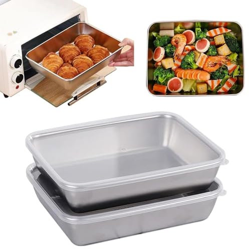 2 piastre quadrate in acciaio inox con coperchio, teglia quadrata in metallo ispessito per forno, piatti in metallo ispessito per alimenti, piatti riutilizzabili in acciaio inossidabile