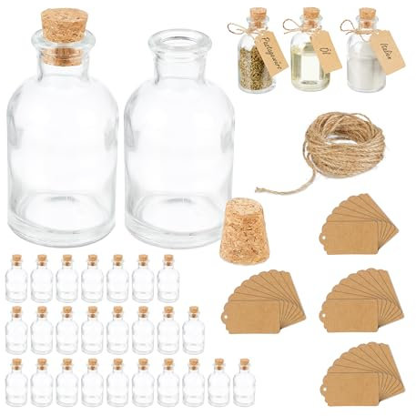 Relaxdays Mini Bouteilles, Lot de 30, Petites fioles, Bouchon de liège, 60 ML, Mariage, épices, Transparent/Nature