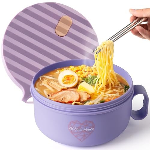 AI LOVE PEACE Microwave Noodle Bowl, BPA-Free 1200ml Soup Mug with Handles, Portable Ramen Container for Students & Offices, Purple