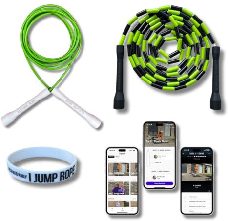 Elevate Rope - Springseil Bundle mit Workout App - 2 x verstellbares Jump Rope - Erwachsene und Kinder - Speed + Perlenseil - Zustand & Tricks - Innen/Außen - Springseil Set (Green)
