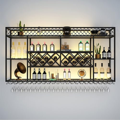 Étagère Bouteille Vin Murale avec Porte-Verre, Porte Bouteille Muraux Industriel avec Bande Lumineuse Rack Expositif à Vin Moderne Mural pour Maison Restaurant Bars(Size:100 * 20 * 100CM)