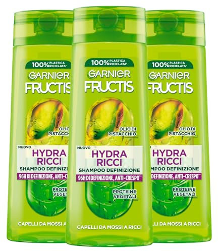 Garnier Fructis Hydra Locken Shampoo zur Definition von welligen bis lockigen Haaren mit Pistazienöl, Anti-Frizz-Wirkung, 96H, belebt und erweicht, 3 Flaschen à 250 ml
