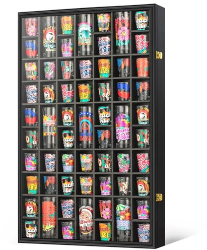 GYaozii Shot Glass Display Case, 61 Slots, Black, Wood Frame Acrylic Front, Wall Mounted Storage, UV Protection, for Room Decor