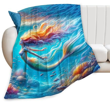 Meerjungfrauen-Decke, Ozean-/Strand-Blau, Geschenke für Mädchen, Jungen, Frauen, Kinder, Meerjungfrauen-Liebhaber, Koralle, Überwurf, Decken, weiche Decke, warme Fleece-Flanell-Plüschdecken für Bett,