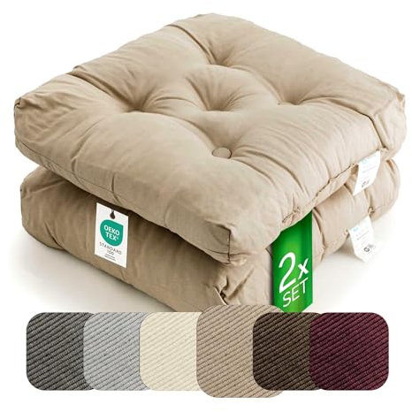 etérea Sitzkissen 42x42 cm 2er Set - Taupe 8 cm hoch - Bodenkissen für Indoor, Outdoor, Küche, Garten, Auflage - Heidi Stuhlauflage - 2 Stück Stuhlkissen 40x40 cm Taupe
