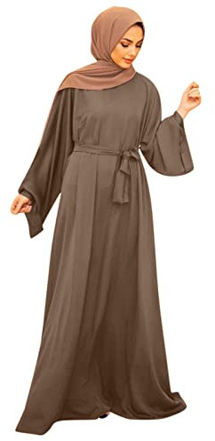 Halloween Dresses for Women Use Solid Muslim Dress Flare Sleeve Abaya Elegant Dress Arab Kaftan Long Sleeve Solid Dress Dresses for Women Party Wear (Brown #3, S)