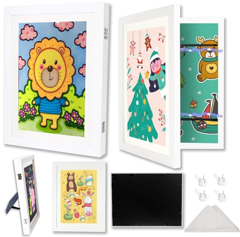 2 Pack Kids Artwork Display Frames A4, Childrens Storage Frame Changeable, Kids Art Frames with Mount Front Opening for Display Pictures, Drawings, Art Projects, 4 Acrylic Boards, Hold 150 Pcs (White)