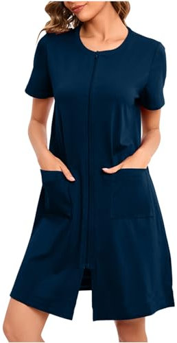 Mrat Womens Cotton Dressing Gown Lightweight Bathrobe for All Seasons Spa Hotel Sleepwear Ladies Zip Up Dressing Gown Robes Knee Length Comfortable Loungewear Daily Nightwear Cosy Kimono Bathrobe