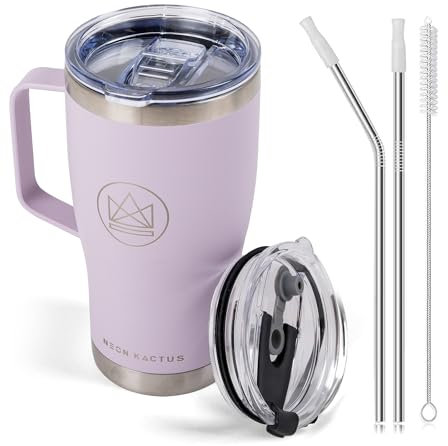 Neon Kactus 600ml/20oz Insulated Travel Mug with Handle, 2 x Stainless Steel Straws & 2 x Spillproof Lids, Vacuum Double Wall Stainless Steel Tumbler for Hot & Cold Drinks - Live Forever