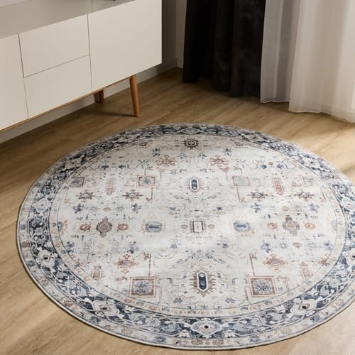 benuta Basic Waschbarer Teppich George - Creme/Grau 160 cm rund - Kunstfaser - rund & im Style: Vintage, Elegant, Retro - Pflegeleicht für Wohnzimmer Schlafzimmer