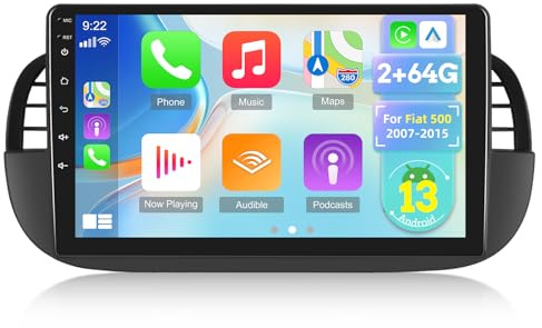 [2G+64G] Radio for Fiat 500 2007-2015 Android Car Stereo with Carplay | Wireless Car Play/Android Auto/1080P/Bluetooth/WiFi/9 inch Touch Screen +AHD Backup Camera