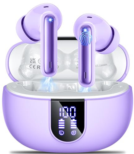 Wireless Earbuds,Wireless Headphones Bluetooth 5.3 Headphones in Ear with 4 ENC Call Noise Cancelling Mics HiFi Stereo Mini Ear Buds 42H Playtime LED Display Wireless Earphones IP6 Waterproof Purple