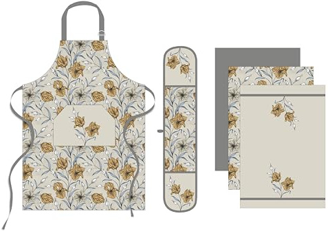 Sterling Sports 5-Piece Kitchen Set Apron, Double Oven Gloves & Tea Towels Set - Quick Dry kitchen Accessories For Baking & Cooking - Perfect Mothers Day Gifts For Baking Lovers (Floral Grey)
