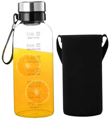Cunlvyyds Wasserflasche mit Zeitmarker 2L Klar hohes Borosilikat -Glaswasserflaschen mit Lanyard, Hülle und abnehmbarem Filter und Leckschutz für Home, Sport, mit