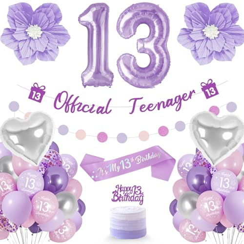 Deko 13. Geburtstag Teenager, Lila 13 Geburtstag Umfassen Folienballon 13 | Kuchen Topper, Bänder, Sash, Violette Blumen, Luftballon 13. Geburtstagdeko