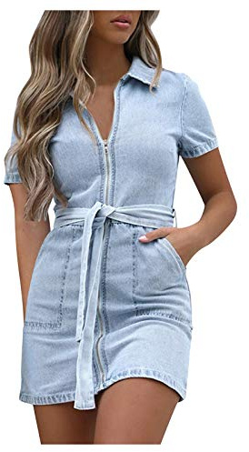 Generisch Sommerkleid Damen, Jeanskleid Damen Sommer Kurzarm Reißverschluss Kurz Enges Wickelkleid mit Gürtel Denim Bodycon Kleid Tunika Minikleid Slim Fit Sommerkleider Jeanskleider Freizeitkleid